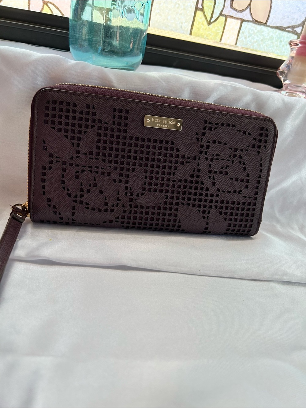 kate spade Plum Floral Laser Cut Saffiano Leather Wallet and Storybook Lining